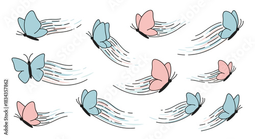 Whimsical flying butterfly pattern with flowing motion trails in soft pastel colors for decorative nature illustrations and gentle artistic background design