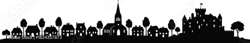 Village skyline silhouette—vector of houses, church steeple, castle with turrets, and trees in storybook style
