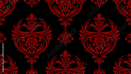 Seamless pattern of red damask ornaments on a black background creating a vintage wallpaper design