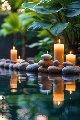 Zen garden with candles, stones, and water for relaxation and meditation