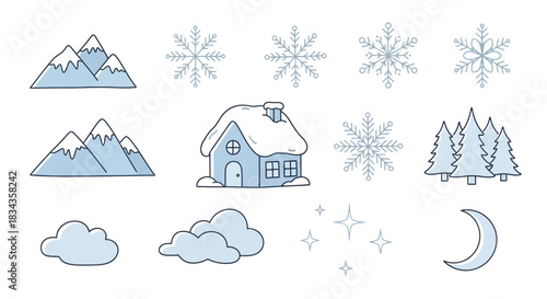 Minimal winter landscape illustration with snowy house, falling snowflakes, and soft seasonal elements for peaceful holiday and lifestyle design