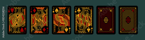 Playing Poker cards set. Four Jacks suits of Hearts, Spades, Clubs, Diamonds. Face and back side. Dark Black design. Printable vector gambling cards isolated on background.	