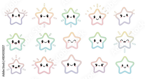 Cute pastel star character expressions set with adorable faces for playful children’s illustrations and joyful lifestyle graphic resources