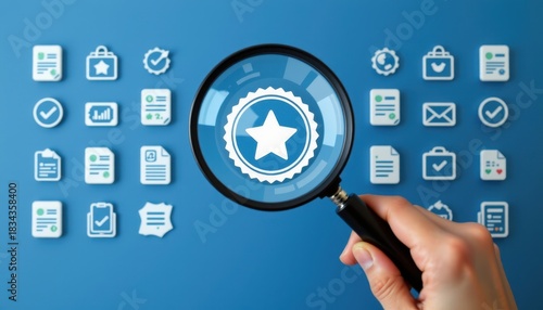 Close-Up View of Hand Holding Magnifying Glass Over Quality Badge Icon in Blue Background with Various Symbols