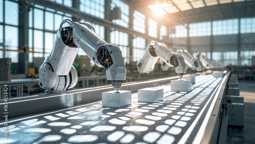 Robotic arms on an automated assembly line in a modern factory setting