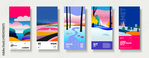 A vibrant collection of abstract landscape illustrations, each featuring bold colors and geometric shapes. These designs capture the essence of nature through modern art, showcasing diverse scenes