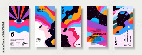 A vibrant set of abstract posters featuring colorful, flowing designs with cosmic elements. Each poster showcases unique artistic styles, blending bold colors and shapes