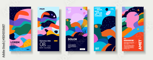 A vibrant collection of abstract posters featuring colorful geometric shapes and patterns. Each design showcases a unique blend of bold colors and dynamic forms, perfect for modern art enthusiasts.