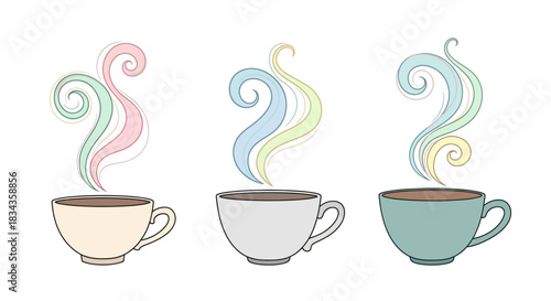 Soft pastel coffee cup with swirling decorative steam lines creating a relaxing warm beverage illustration
