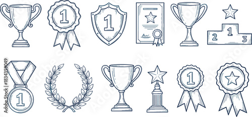 Hand drawn sketch of awards and achievements isolated on white background set of doodle illustrations of trophies, medals, diplomas and podiums for winners