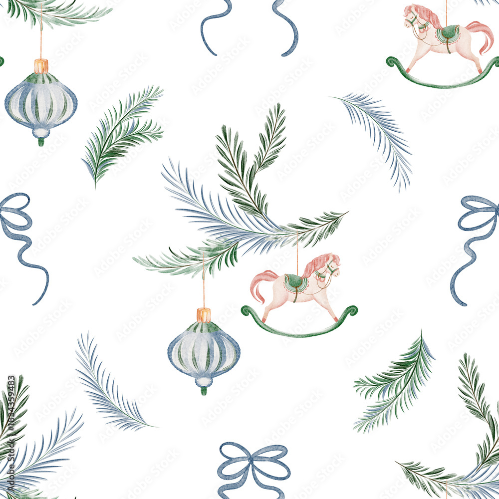 Fototapeta premium Seamless pattern with spruce branches, toys and rocking horse. Watercolor illustration for fabric and wrapping. Christmas and New Year decoration elements.