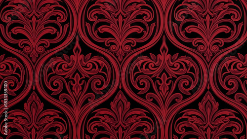 Red damask pattern with floral and scroll elements on a black background creating a rich texture