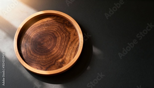 Wooden round tray with a visible wood grain on dark background.