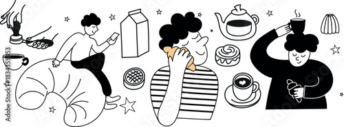 A cozy morning routine illustration set with warm drinks, slippers, blankets, toast, a sleepy cat, and soft home details. Perfect for lifestyle designs and relaxing morning themes.