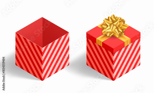 Red gift box. Closed blank box with a bow and ribbon and an open empty box. Isolated on white background. Isometric projection. Vector template.