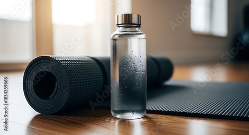 Yoga mat and water bottle on wooden floor in home workout space