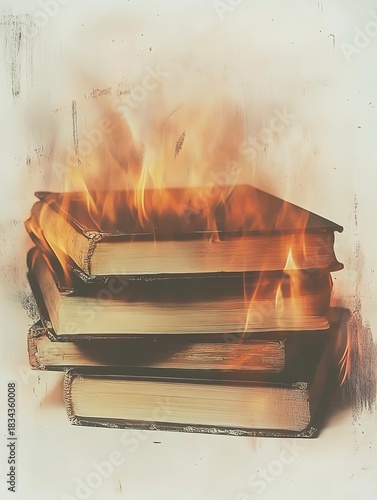 Stack of old books engulfed in flames