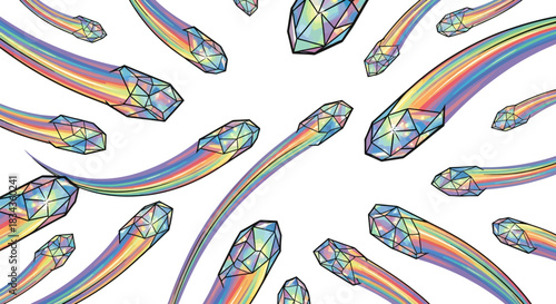 Iridescent prism crystal shapes arranged in a modern geometric pattern with subtle rainbow reflections