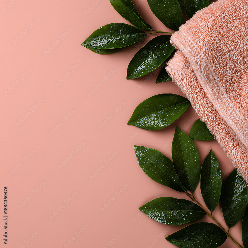 Obraz premium Elegant spa background with a folded pink towel and fresh green leaves creating a vibrant border on a pastel pink surface with ample copy space.