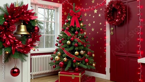 Festive Christmas Decor, Red Door, Wreath, Tree, Lights, Cozy Holiday Home for Seasonal Marketing & Design