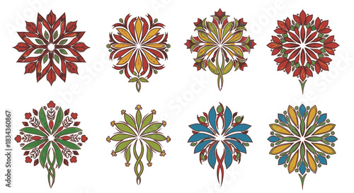 Colorful symmetrical mandala-style floral icon set with decorative layered petals and ornamental patterns