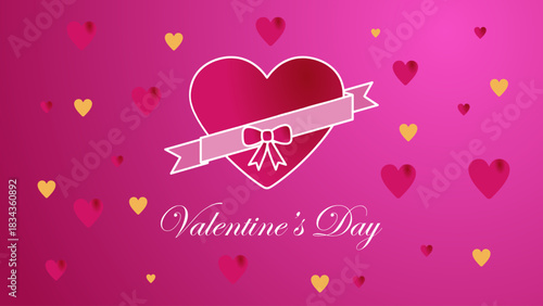 Valentine's Day graphic featuring a pink heart, ribbon, and scattered hearts. 8k image.