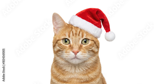 Ginger cat wearing Santa hat looking at camera in studio.
