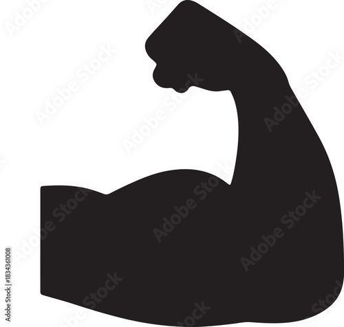 Simple black silhouette icon of a flexed human arm with a prominent bicep muscle, symbolizing strength, fitness, and power, isolated on a white background