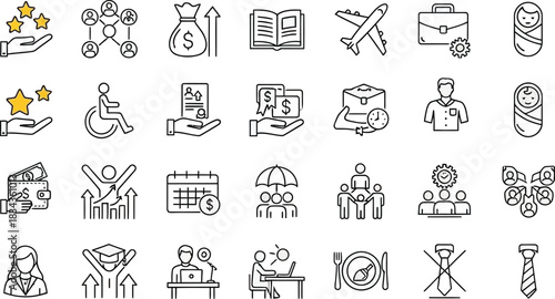 Hand drawn business and finance icons set in black and white