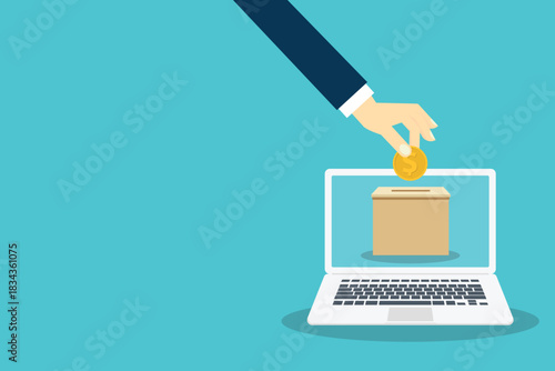 Online donation concept. Hand putting coin in a donation box