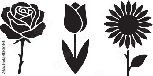 Flower silhouette pack rose, tulip, sunflower shapes.eps