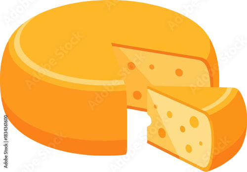 A delicious round cheese with a slice cut out showing its texture.