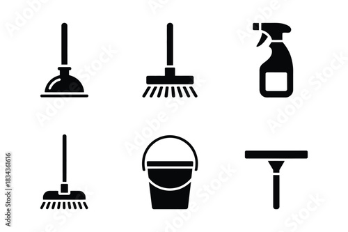 Collection of black silhouettes of household cleaning tools