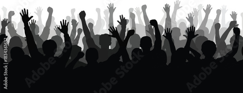 Silhouetted crowd with raised hands in celebration or protest illustration