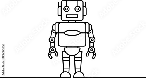Humanoid robot line drawing, black vector illustration, mechanical design, artificial intelligence concept, cad drawing flat vector illustration, isolated on white