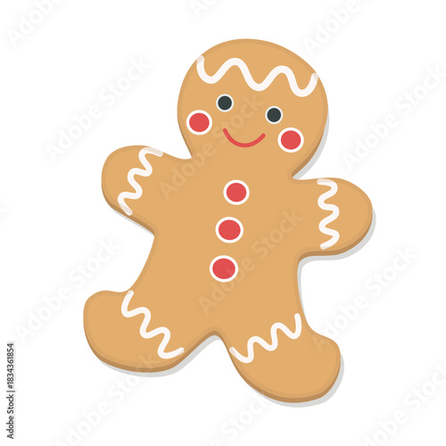 Adorable flat vector gingerbread man with icing smile, rosy cheeks, red buttons, and cheerful pose. Festive Christmas cookie icon perfect for holidays, greetings, invitations, badges, stickers.