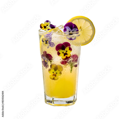 Refreshing summer cocktail with edible pansy flowers and lemon slice.