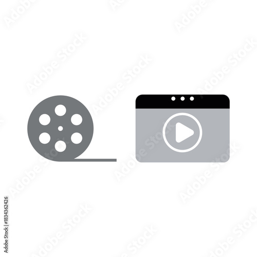 Film Reel and Video Player Icon Set, Cinema Movie Media Entertainment Vector Illustration