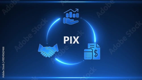 Blue Neon Circle with Financial Icons and PIX Text on Dark Blue Gradient Background finance business