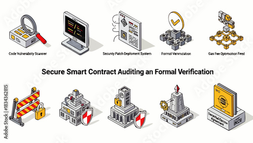 Isometric icons depict secure smart contract auditing and formal verification, showcasing code vulnerability scans and security patch deployment systems.