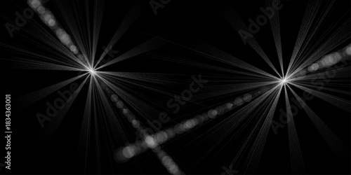 Abstract White Light Flare Glow Background for Modern Digital Design. Two glowing starbursts on black background sparkle. Graphic white bright light highlight. Transparent, overlay, bling, light, glow