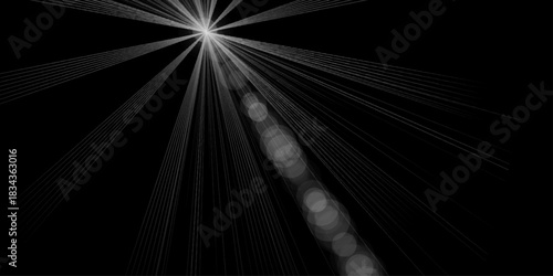Abstract White Light Flare Glow Background for Modern Digital Design. One glowing starbursts on black background sparkle. Graphic white bright light highlight. Transparent, overlay, bling, light, glow