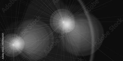 Abstract White Light Flare Glow Background for Modern Digital Design. Two glowing starbursts on black background sparkle. Graphic white bright light highlight. Transparent, overlay, bling, light, glow