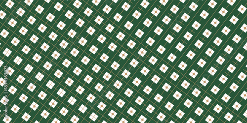 Seamless Christmas plaid texture pattern with gold lines and circles. Green argyle geometric diamond abstract pattern. Christmas wrapping. Eps10