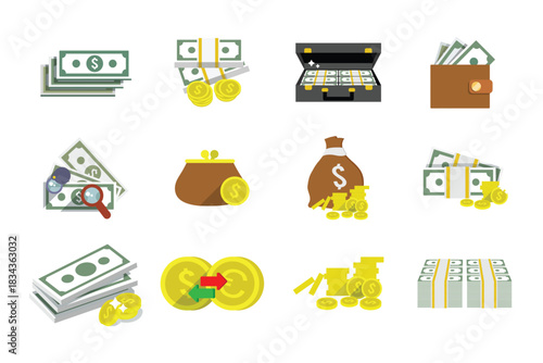 Colorful money, cash, and financial icons in clean simple style.