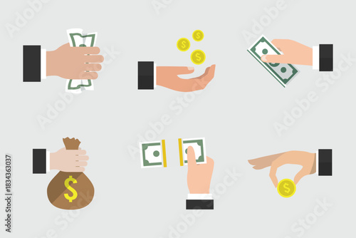 Flat hands exchanging money and coins in simple modern style.