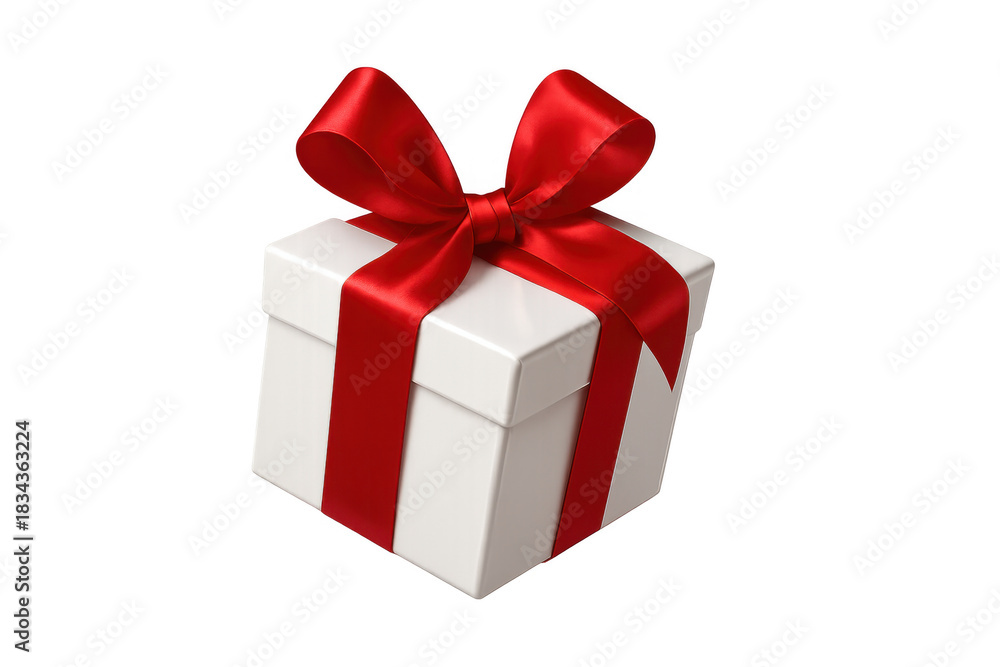 Obraz premium White gift box with red ribbon and bow creating a special present for celebration, anniversary, and surprise