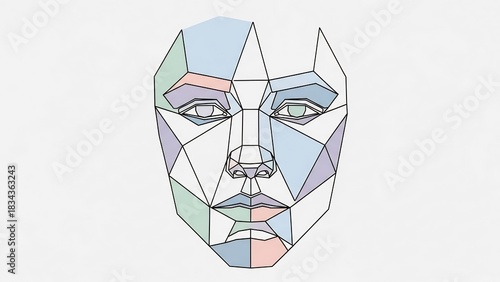 Geometric construction of a human face with colorful polygonal planes.