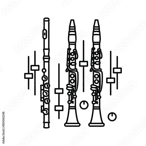 Woodwind Instruments and Audio Mixer Controls Line Art Icon