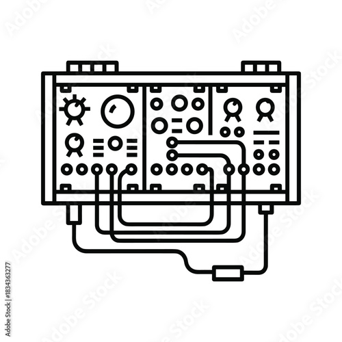 Electronic Synthesizer Module with Patch Cables Line Art Icon